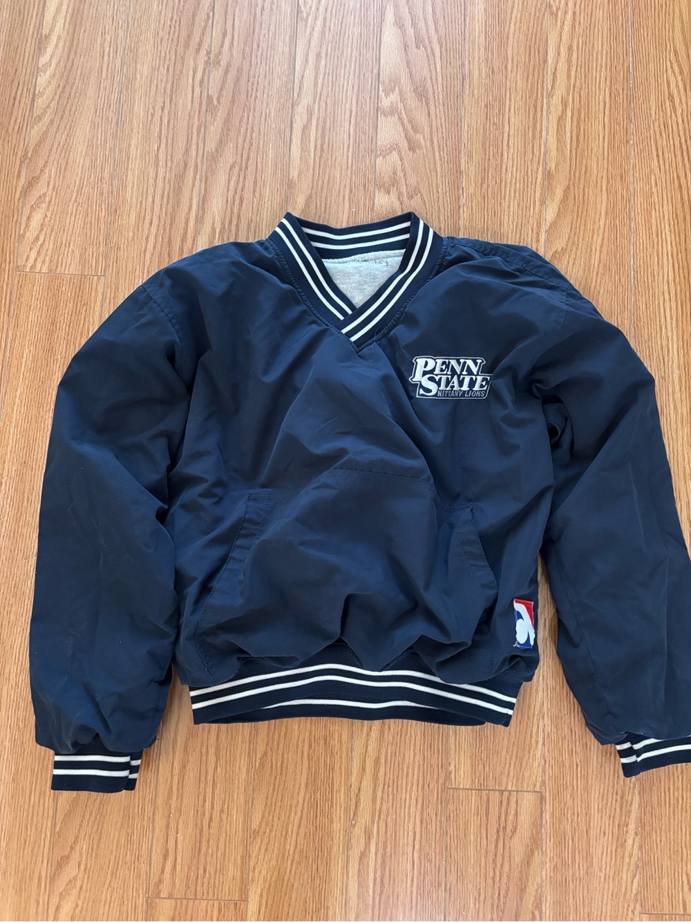 Penn State Vintage Reversible Navy and Gray Pullover Jacket with Striped Trim